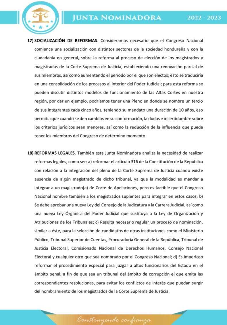 Recomendaciones finales de la Junta Nominadora 